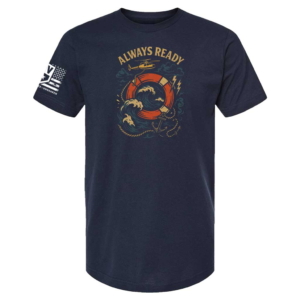 Always Ready Coast Guard t-shirt in navy with life ring, waves, anchor, and rescue helicopter design by Genuine Valor