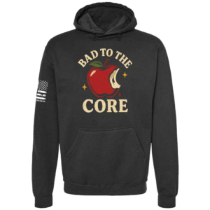 Bad to the Core hoodie in black with apple bite chest design by Genuine Valor