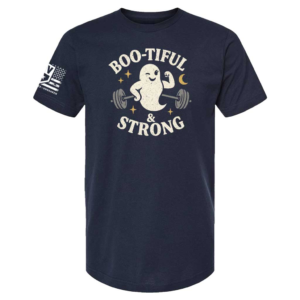 Navy t-shirt featuring a flexing ghost weightlifter graphic with “Boo-tiful & Strong” text