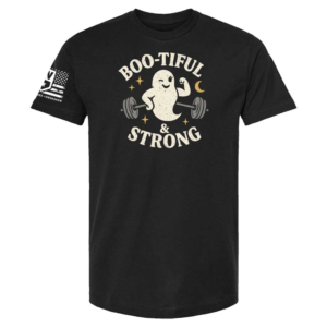Black t-shirt with ghost lifting barbells and the words “Boo-tiful & Strong” in cream lettering