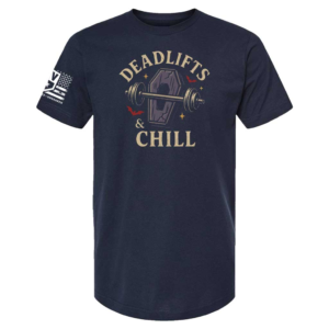 Navy t-shirt featuring coffin and barbell graphic with bold cream “Deadlifts & Chill” text