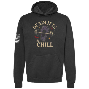 Deadlifts & Chill hoodie in black with coffin barbell chest design by Genuine Valor