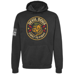 Devil Dogs hoodie in black with Marine-inspired bulldog emblem chest design by Genuine Valor