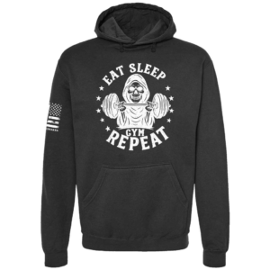Eat Sleep Gym Repeat hoodie in black with skull weightlifting chest design by Genuine Valor