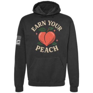 Earn Your Peach hoodie in black with peach-inspired women’s fitness chest design by Genuine Valor