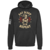 Eat Sleep Gym Repeat women’s hoodie in black with skull weightlifting barbell chest design by Genuine Valor