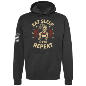 Eat Sleep Gym Repeat women’s hoodie in black with skull weightlifting barbell chest design by Genuine Valor