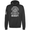 Excuses Don’t Build Muscles Deadlift hoodie in black with skeleton weightlifting chest design by Genuine Valor
