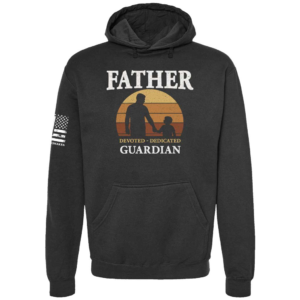 Father Devoted Dedicated Guardian hoodie in black with sunset silhouette chest design by Genuine Valor