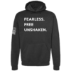 Fearless. Free. Unshaken. hoodie in black with bold patriotic text chest design by Genuine Valor