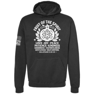 Fruit of the Spirit hoodie in black with Galatians 5:22-23 scripture chest design by Genuine Valor