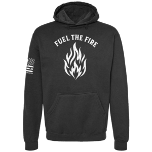 Fuel the Fire hoodie in black with bold flame chest design by Genuine Valor