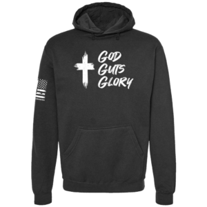 God Guts Glory hoodie in black with cross and bold faith message chest design by Genuine Valor