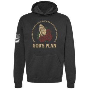 God’s Plan hoodie in black with prayer hands and roses faith design by Genuine Valor