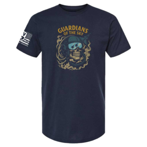 Navy t-shirt featuring fighter pilot skull graphic with bold gold “Guardians of the Sky” text