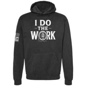 I Do The Work hoodie in black with 45 lb plate chest design by Genuine Valor
