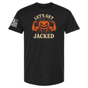 Black t-shirt with jack-o’-lantern flexing muscular arms, text “Let’s Get Jacked” above and below