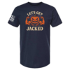 Navy t-shirt featuring flexing pumpkin design with bold cream “Let’s Get Jacked” text