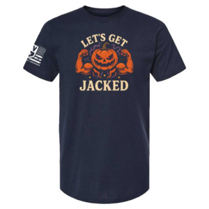 Navy t-shirt featuring flexing pumpkin design with bold cream “Let’s Get Jacked” text