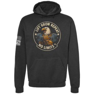 Lift Grow Repeat eagle barbell hoodie in black by Genuine Valor