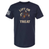 Navy t-shirt featuring cauldron barbell Halloween design with bold cream “Lift or Treat” text