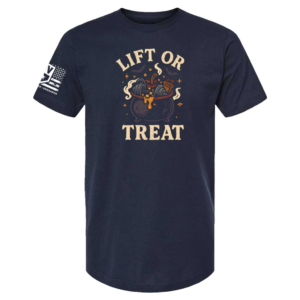 Navy t-shirt featuring cauldron barbell Halloween design with bold cream “Lift or Treat” text