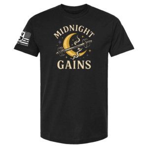 Black t-shirt with crescent moon holding a barbell, stars around it, text “Midnight Gains” above and below