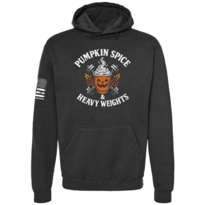 Pumpkin Spice and Heavy Weights seasonal gym hoodie in black by Genuine Valor