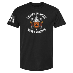 Black t-shirt with pumpkin spice coffee cup and barbell design, text “Pumpkin Spice & Heavy Weights”