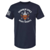 Navy t-shirt featuring pumpkin cup with whipped cream and barbells, cream-colored “Pumpkin Spice & Heavy Weights” text
