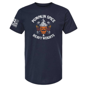 Navy t-shirt featuring pumpkin cup with whipped cream and barbells, cream-colored “Pumpkin Spice & Heavy Weights” text