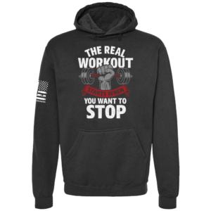 The Real Workout motivational barbell hoodie in black by Genuine Valor
