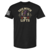 Black t-shirt with witch hat on barbell graphic, roses and moons around, text “This Witch Lifts”