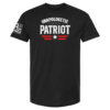 Black t-shirt with bold distressed “Unapologetic Patriot” text, red stripes, and star