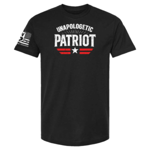 Black t-shirt with bold distressed “Unapologetic Patriot” text, red stripes, and star