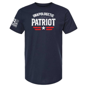Navy t-shirt with bold patriotic graphic, distressed “Unapologetic Patriot” design