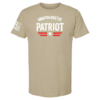 Sand t-shirt with white distressed “Unapologetic Patriot” text, red stripes, and star