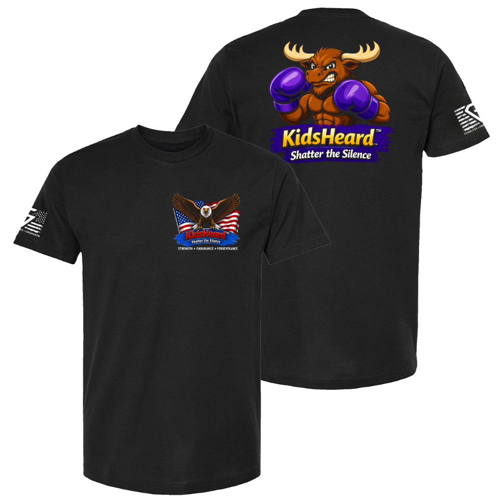 Front and back of the black KidsHeard Purple Moose Tee